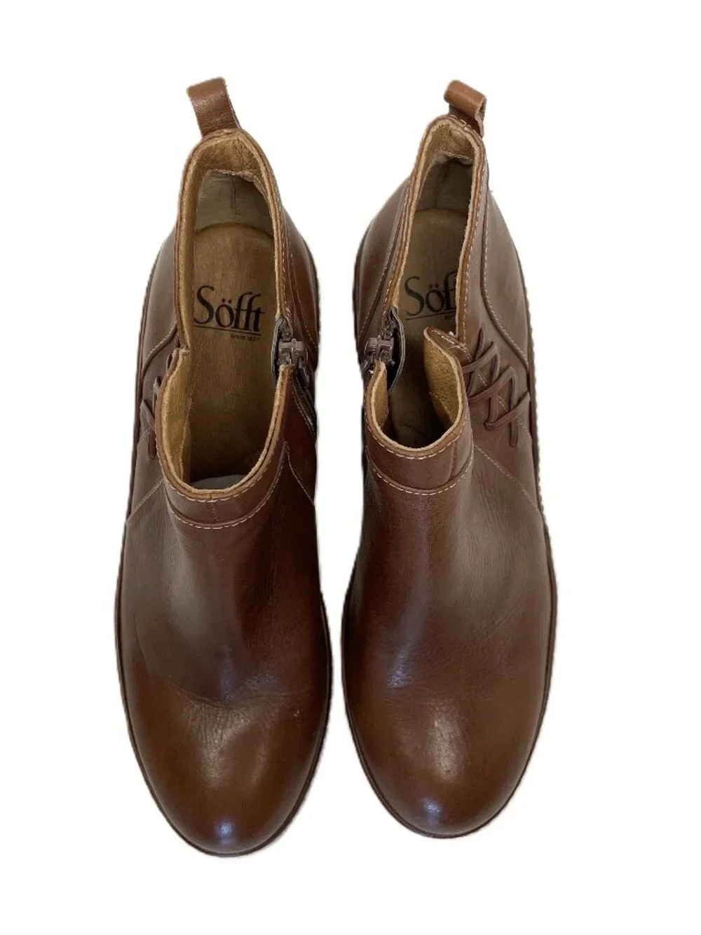 Sofft Ankle Boots Womens 9 M Brown Leather X Accent Side Zip Wedge Heel Booties